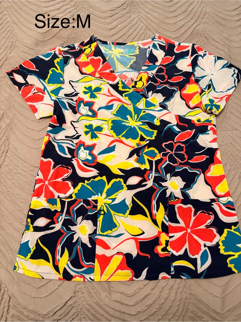 Floral V-Neck Women’s Scrub Top in Navy with Multicolor Print